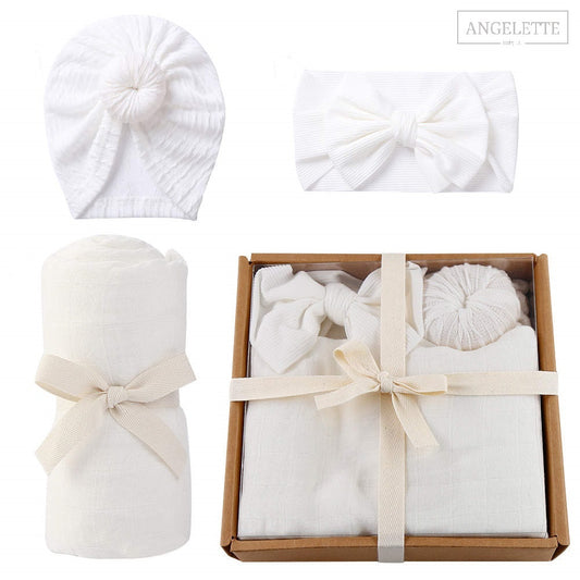 3 piece Organic Bamboo Cotton Swaddle Gift Set. (White)