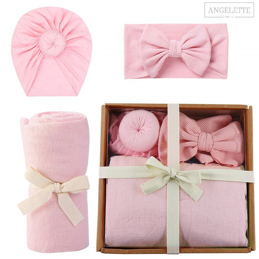 3 piece Organic Bamboo Cotton Swaddle Gift Set. (Pink)