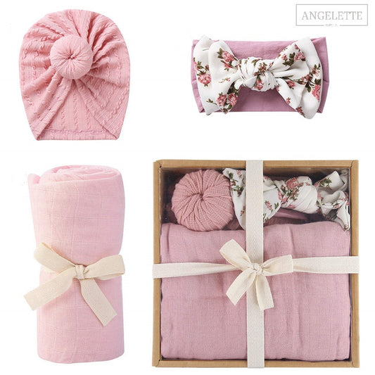 3 piece Organic Bamboo Cotton Swaddle Gift Set. (Flowered Baby Pink)