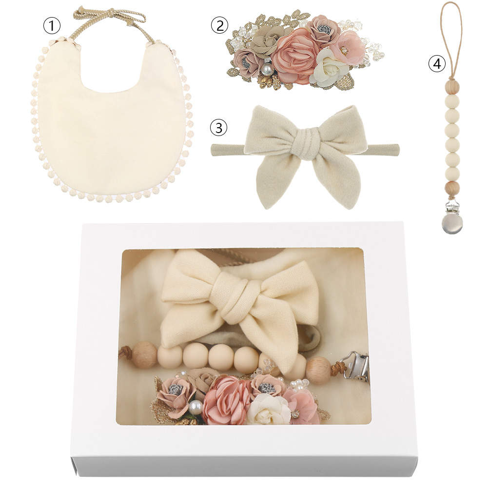 Copper & White Baby Bib & Pacifier Clip Set (4 piece) Cream