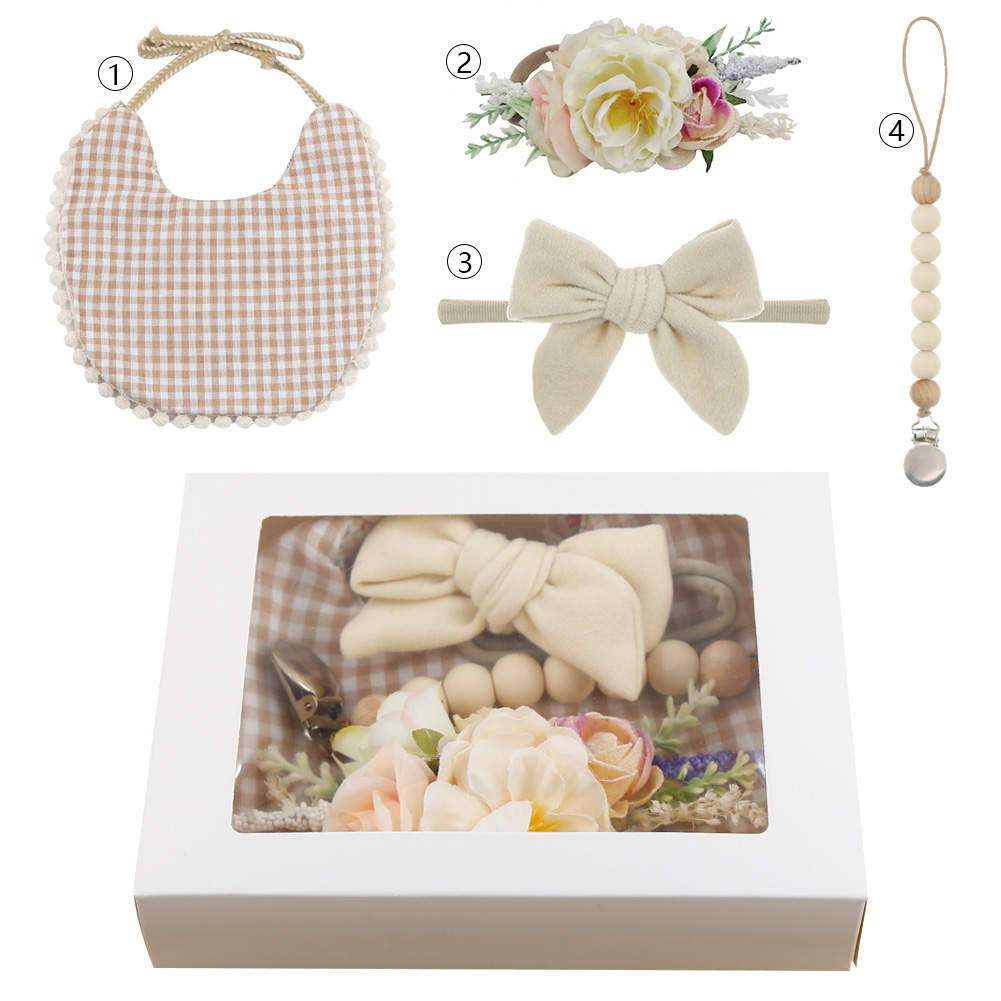 Copper & White Baby Bib & Pacifier Clip Set (3 piece) Checked Cream