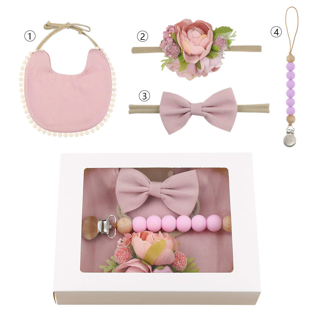 Copper & White Baby Bib & Pacifier Clip Set (4 piece) Rose Pink