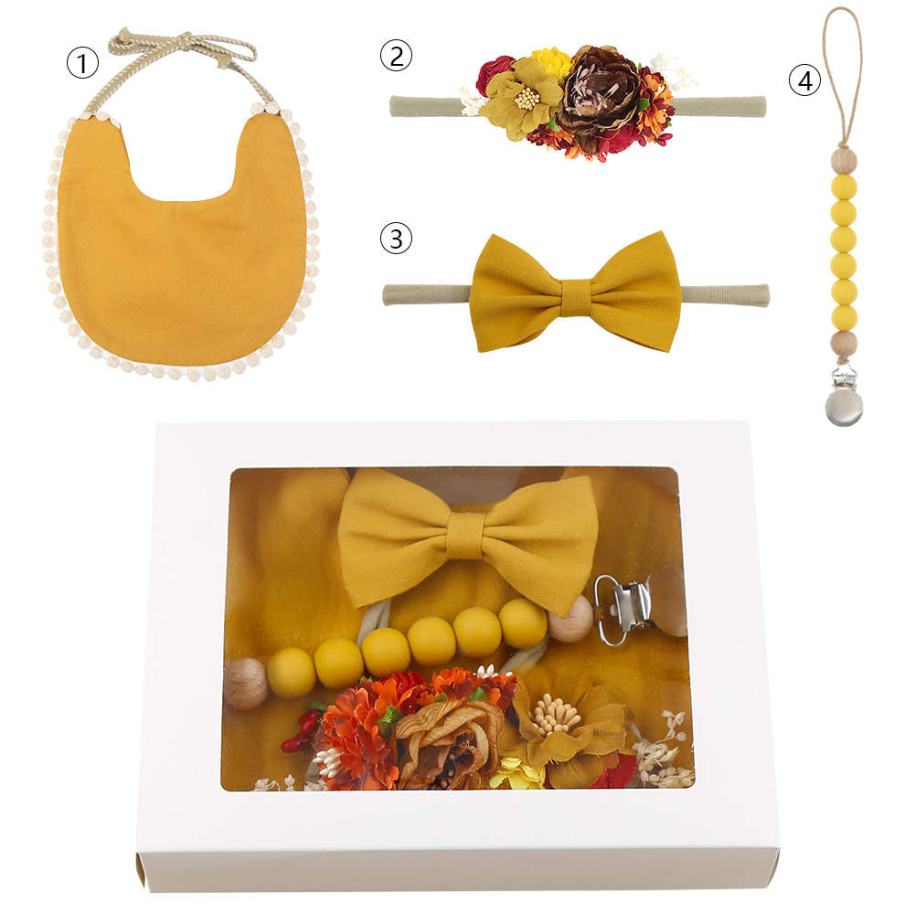 Copper & White Baby Bib & Pacifier Clip Set (4 piece) Mustard