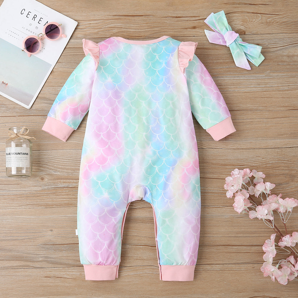 2-piece Baby Sweet Ruffled Tie-dyed Jumpsuit and Headband (6-9 months)