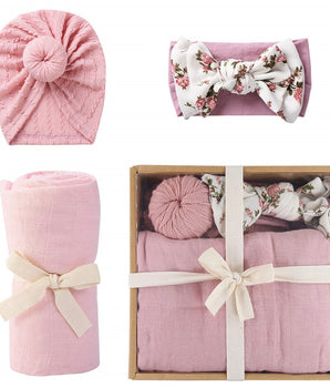 Organic Bamboo Cotton Swaddle Gift Set. (Flowered Baby Pink)